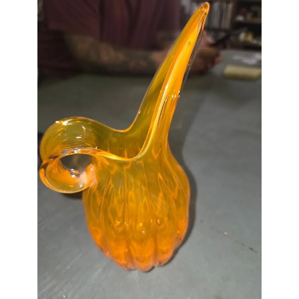 Vintage Amber Art Glass Jack in the Pulpit Pitcher Vase Ribbed Hand Blown 7.5
